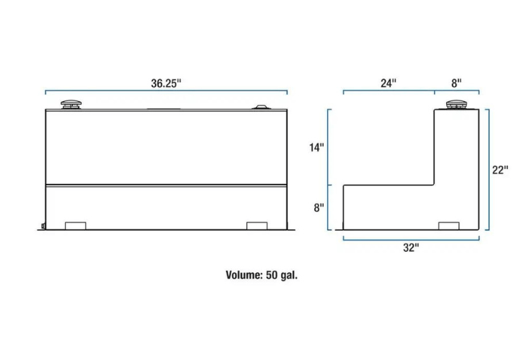 UWS TT-50-L-T-P Dodge Ram 2500/3500 2011-2021 50-Gallon L-Shape Bright Aluminum Fuel Transfer Tank