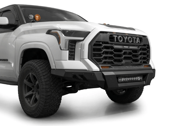 Toyota Tundra 2022-2025 Black Label front bumper by ADD, heavy-duty steel off-road bumper.