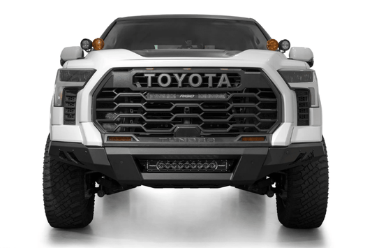 Toyota Tundra 2022-2025 Black Label front bumper by ADD, heavy-duty steel off-road bumper.