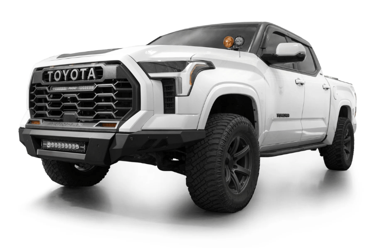 Toyota Tundra 2022-2025 Black Label front bumper by ADD, heavy-duty steel off-road bumper.