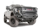 Front view of a black GMC truck featuring the Fab Fours Matrix bumper, winch-ready with a full guard design.