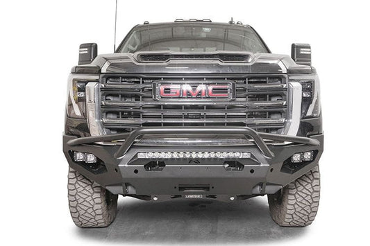 Front view of a black GMC truck featuring a Matrix front bumper and winch-ready pre-runner guard.