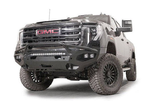 Front view of a black GMC truck featuring a Matrix front bumper and winch-ready pre-runner guard.