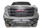 Silver GMC Sierra truck's front end showcasing the Fab Fours Vengeance bumper, model GS23-D5851-1, for 2022-2025