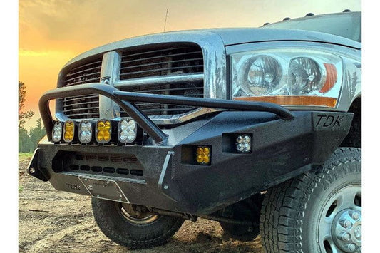 Throttle Down Kustoms Hurricane Front Bumper for 1994-2024 Dodge Ram 4500/5500, Heavy-duty Steel with Bull Bar Design.