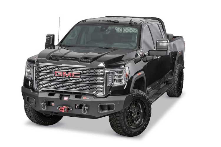 Heavy-duty Warn 107545 Ascent Front Bumper for GMC Sierra 2500/3500 HD 2020-2023.