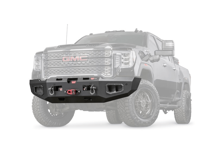 Heavy-duty Warn 107545 Ascent Front Bumper for GMC Sierra 2500/3500 HD 2020-2023.