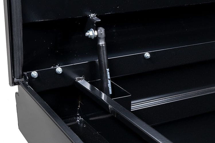 Black saddle box with two compartments from Weather Guard, designed for Dodge Ram 2500/3500, featuring a glossy finish and durable steel construction.