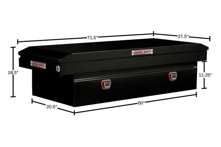 Black saddle box with two compartments from Weather Guard, designed for GMC Sierra 2500/3500, featuring a glossy finish and durable steel construction.