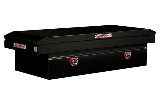 Black saddle box with two compartments from Weather Guard, designed for Chevy Silverado 2500/3500, featuring a glossy finish and durable steel construction.