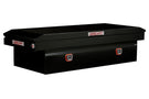 Black saddle box with two compartments from Weather Guard, designed for GMC Sierra 2500/3500, featuring a glossy finish and durable steel construction.