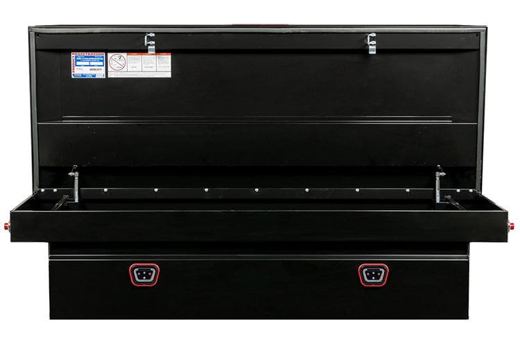 Black saddle box with two compartments from Weather Guard, designed for GMC Sierra 2500/3500, featuring a glossy finish and durable steel construction.