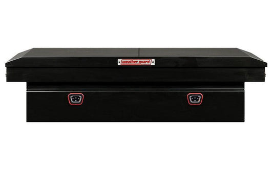 Black saddle box with two compartments from Weather Guard, designed for Chevy Silverado 2500/3500, featuring a glossy finish and durable steel construction.