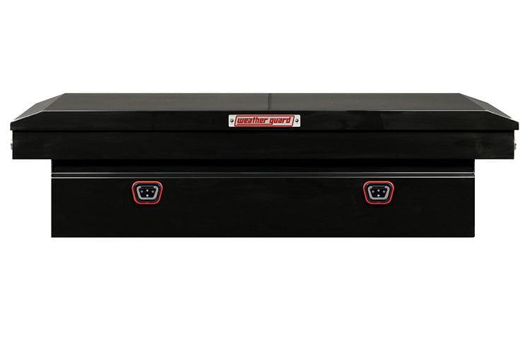 Black saddle box with two compartments from Weather Guard, designed for Dodge Ram 2500/3500, featuring a glossy finish and durable steel construction.