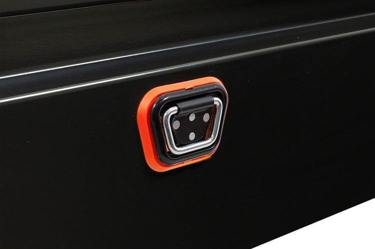 Black saddle box with two compartments from Weather Guard, designed for Dodge Ram 2500/3500, featuring a glossy finish and durable steel construction.