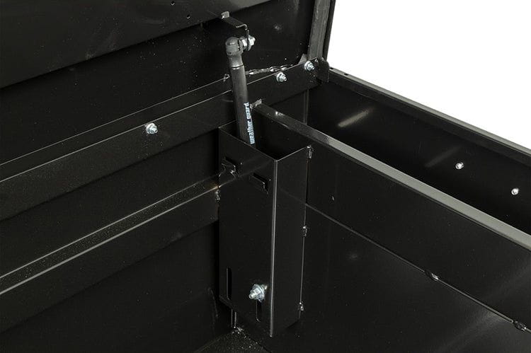 Black saddle box with two compartments from Weather Guard, designed for Dodge Ram 2500/3500, featuring a glossy finish and durable steel construction.