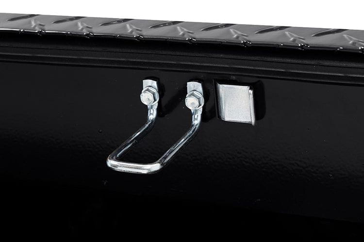 Aluminum  gloss black tool box from Weather Guard, compatible with GMC Sierra 2500/3500 HD models from 2015 to 2025.