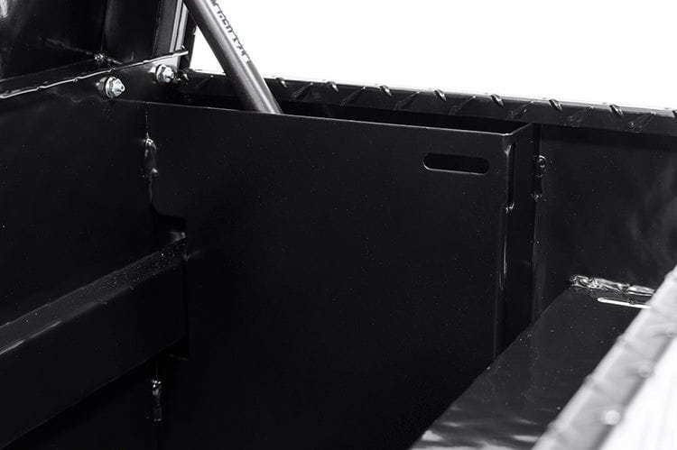 Aluminum  gloss black tool box from Weather Guard, compatible with Ford Super Duty models from 2015 to 2024.