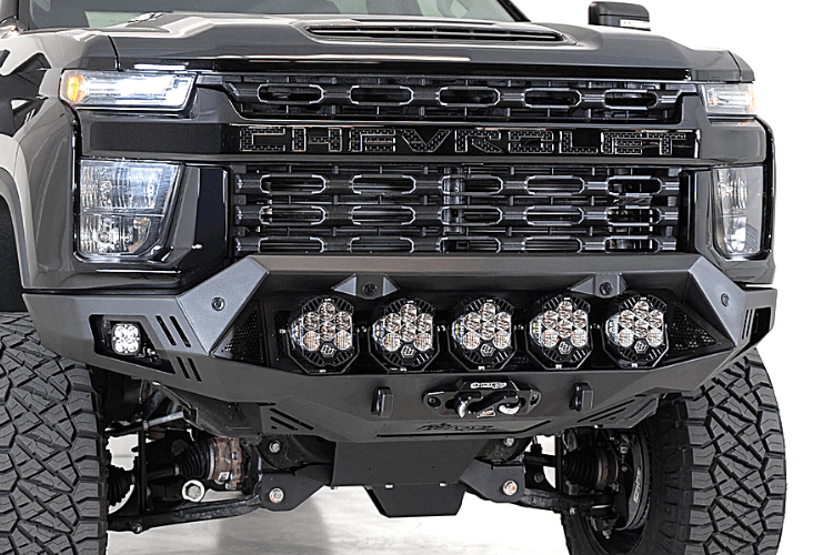 Black Chevy Silverado 2500/3500 truck front end showcasing the ADD F270043500103 Bomber HD Black front bumper, 2020-2023 model