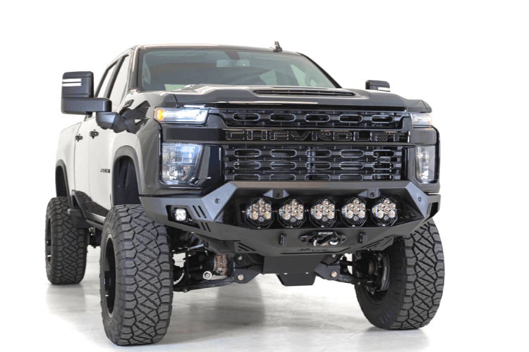 Black Chevy Silverado 2500/3500 truck front end showcasing the ADD F270043500103 Bomber HD Black front bumper, 2020-2023 model