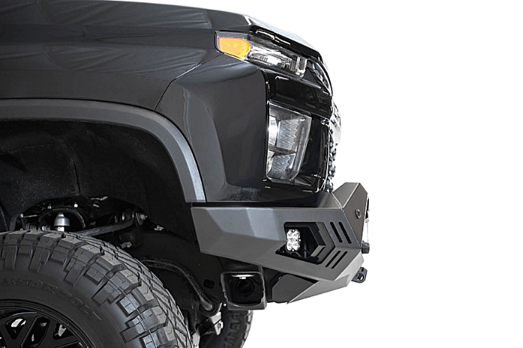 Black Chevy Silverado 2500/3500 truck front end showcasing the ADD F270043500103 Bomber HD Black front bumper, 2020-2023 model