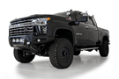 Front view of a black Chevy truck featuring a large ADD F270014100103 Bomber Black front bumper, designed for Silverado 2500/3500 model