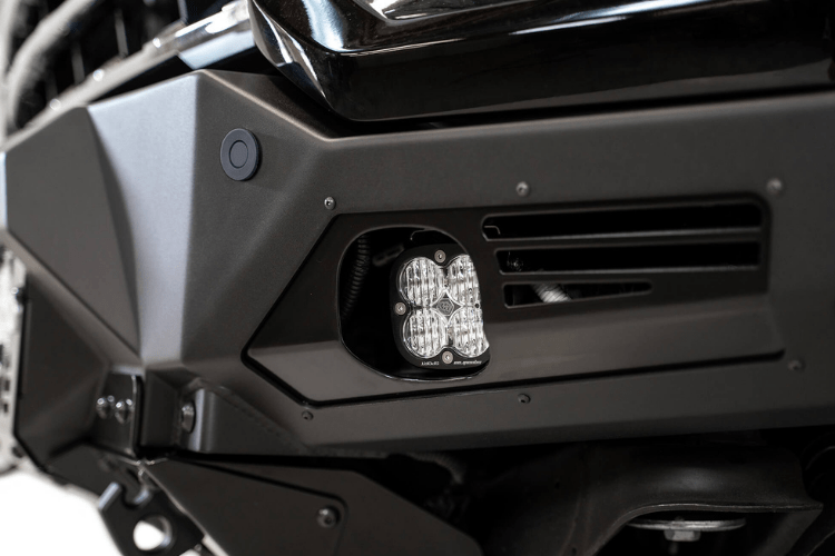 Front view of a black Chevy truck featuring a large ADD F270014100103 Bomber Black front bumper, designed for Silverado 2500/3500 model