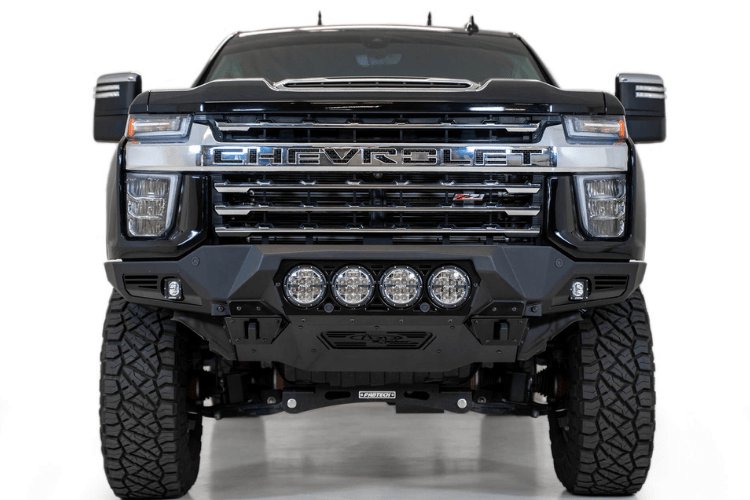 Black Chevy Silverado 2500/3500 truck front end showcasing the ADD F270014110103 Bomber Black front bumper, designed for 2020-2022 models