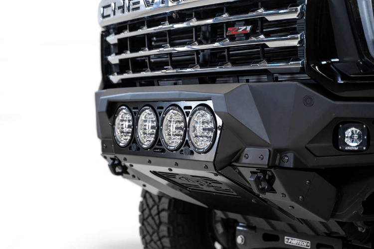 Black Chevy Silverado 2500/3500 truck front end showcasing the ADD F270014110103 Bomber Black front bumper, designed for 2020-2022 models