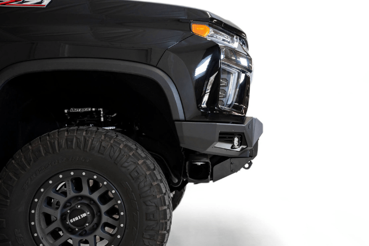 Black Chevy Silverado 2500/3500 truck front end showcasing the ADD F270014110103 Bomber Black front bumper, designed for 2020-2022 models