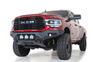 A red Ram truck's front end showcasing the ADD F560014100103 Bomber Black bumper, designed for Dodge Ram 2019-2023 models