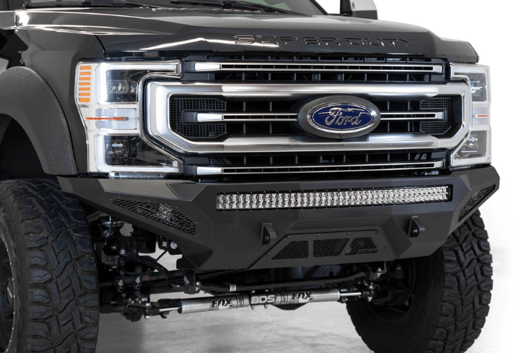 Black Ford F250/F350 Superduty pickup truck's front end showcasing the ADD F171193030103 Stealth Fighter bumper from 2017-2022