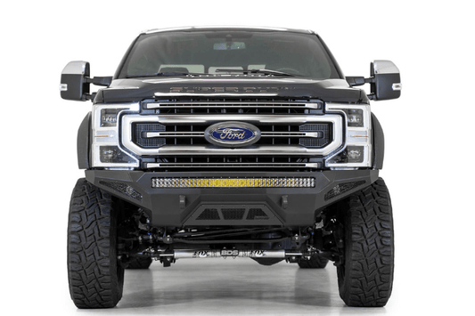 Black Ford F250/F350 Superduty pickup truck's front end showcasing the ADD F171193030103 Stealth Fighter bumper from 2017-2022