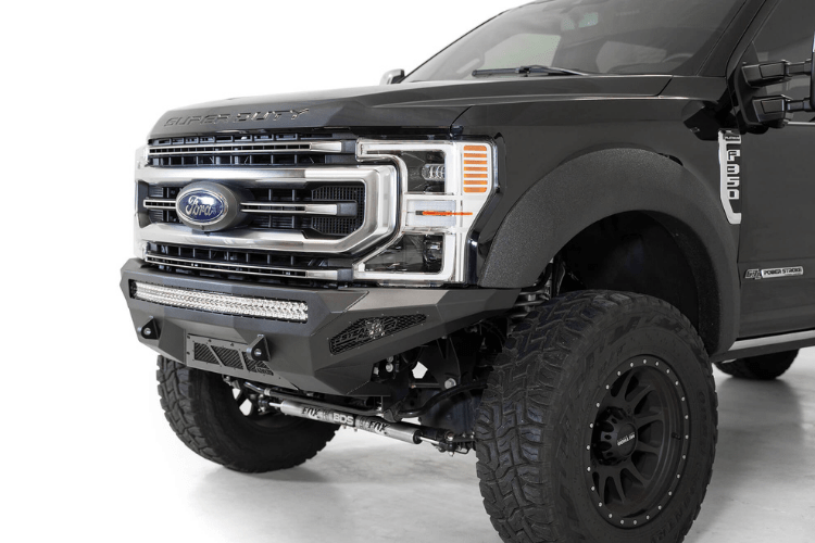 Black Ford F250/F350 Superduty pickup truck's front end showcasing the ADD F171193030103 Stealth Fighter bumper from 2017-2022