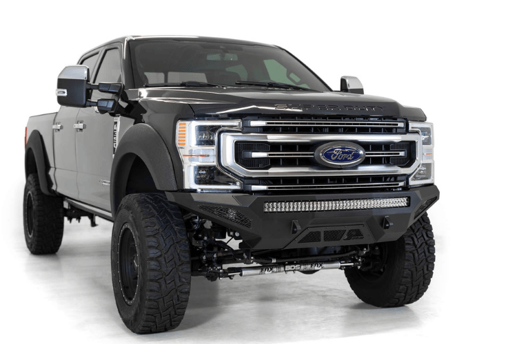 Black Ford F250/F350 Superduty pickup truck's front end showcasing the ADD F171193030103 Stealth Fighter bumper from 2017-2022