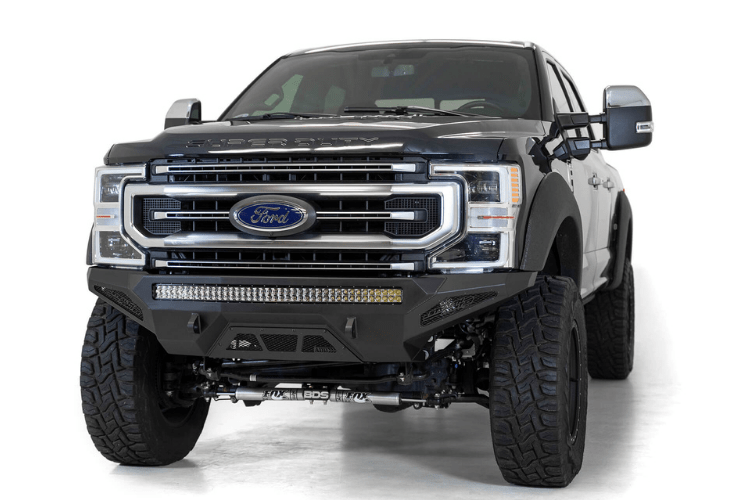 Black Ford F250/F350 Superduty pickup truck's front end showcasing the ADD F171193030103 Stealth Fighter bumper from 2017-2022