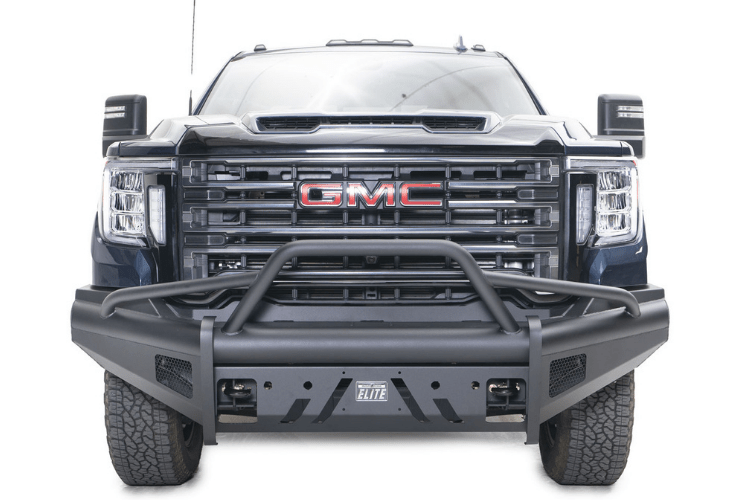 Fab Fours GM20-Q5062-1 GMC Sierra 2500/3500 2020-2023 Black Steel Elite Front Bumper With Sensor Pre-Runner Guard